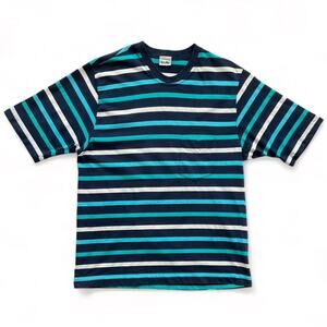 Vintage USA Made Duffel Striped T Shirt Navy Blue Teal White Preppy XL L Skater